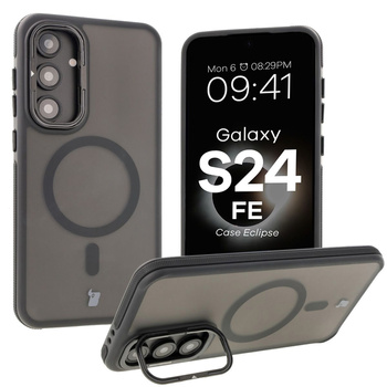Etui z podstawką i pierścieniem magnetycznym Bizon Case Eclipse do Galaxy S24 FE, przydymione z czarną ramką