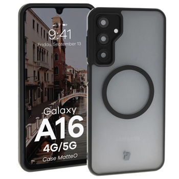 Etui z pierścieniem magnetycznym Bizon Case MatteO do Galaxy A16 4G/5G, półprzezroczyste z czarną ramką