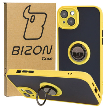 Etui z uchwytem na palec Bizon Case Hybrid Ring do iPhone 15 Plus, przydymione z żółtą ramką