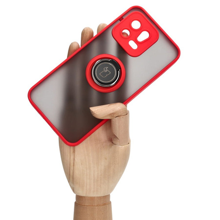Etui z uchwytem na palec Bizon Case Hybrid Ring do Xiaomi 13, przydymione z czerwoną ramką