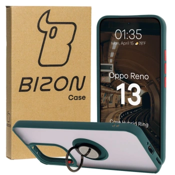 Etui z uchwytem na palec Bizon Case Hybrid Ring do Oppo Reno13, przydymione z ciemnozieloną ramką