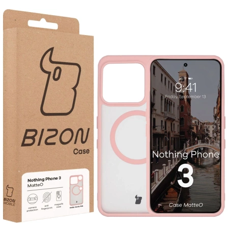 Etui z pierścieniem magnetycznym Bizon Case MatteO do Nothing Phone (3), przydymione-jasnoróżowe