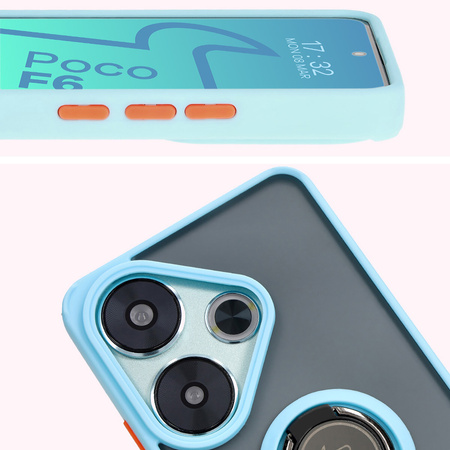 Etui z uchwytem na palec Bizon Case Hybrid Ring do Xiaomi Poco F6, przydymione z jasnoniebieską ramką