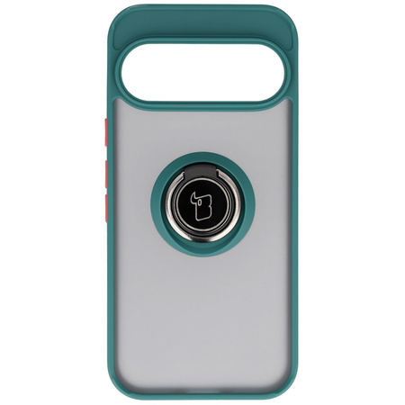 Etui z uchwytem na palec Bizon Case Hybrid Ring do Google Pixel 10 / 10 Pro, przydymione z ciemnozieloną ramką