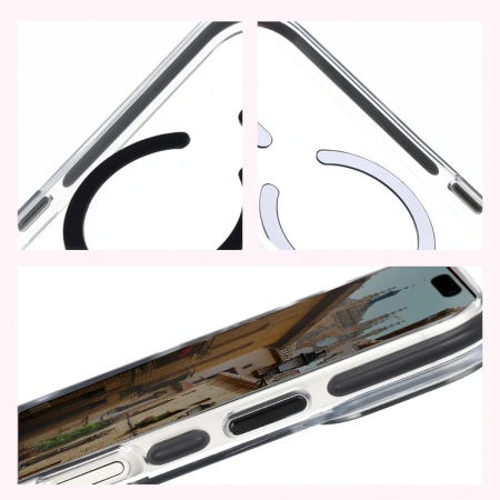 Etui z pierścieniem magnetycznym Bizon Case Marco do iPhone 17 Pro, przezroczyste z czarną ramką