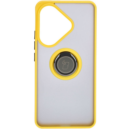 Etui z uchwytem na palec Bizon Case Hybrid Ring do Xiaomi Poco F6, przydymione z żółtą ramką