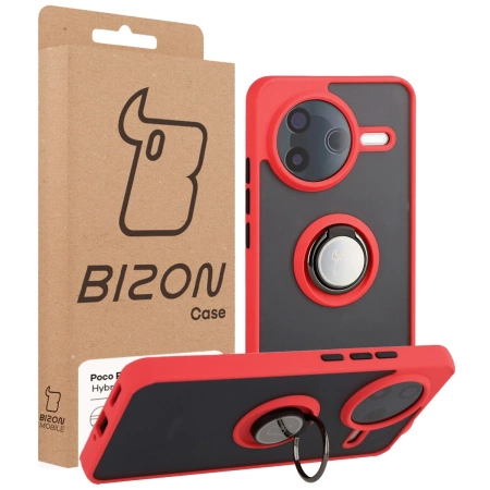 Etui z uchwytem na palec Bizon Case Hybrid Ring do Xiaomi POCO F7 Pro, przydymione z czerwoną ramką