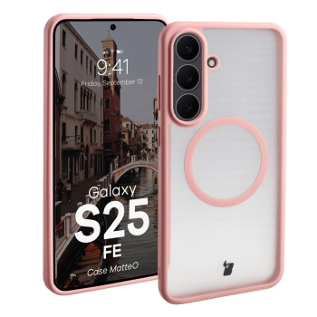Etui z pierścieniem magnetycznym Bizon Case MatteO do Galaxy S25 FE, przydymione-jasnoróżowe