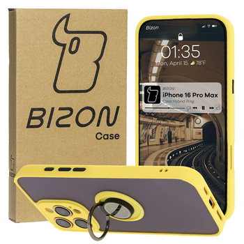Etui z uchwytem na palec Bizon Case Hybrid Ring do iPhone 16 Pro Max, przydymione z żółtą ramką