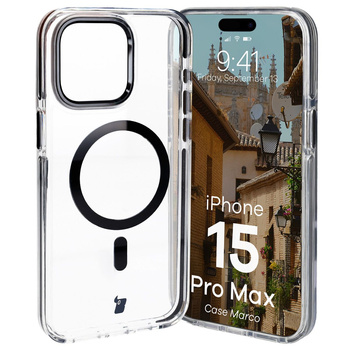 Etui z pierścieniem magnetycznym Bizon Case Marco do iPhone 15 Pro Max, przezroczyste z czarną ramką