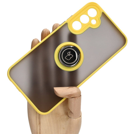 Etui z uchwytem na palec Bizon Case Hybrid Ring do Galaxy A34 5G, przydymione z żółtą ramką