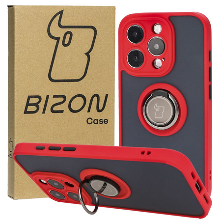 Etui z uchwytem na palec Bizon Case Hybrid Ring do iPhone 15 Pro, przydymione z czerwoną ramką