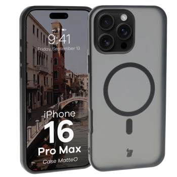 Etui z pierścieniem magnetycznym Bizon Case MatteO do iPhone 16 Pro Max, półprzezroczyste z czarną ramką