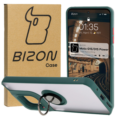 Etui z uchwytem na palec Bizon Case Hybrid Ring do Motorola Moto G15 / G15 Power, przydymione z ciemnozieloną ramką