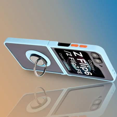 Etui z uchwytem na palec Bizon Case Hybrid Ring do Galaxy Z Flip7 FE / Z Flip6, przydymione z jasnoniebieską ramką