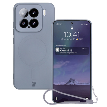 Silikonowe etui z pierścieniem magnetycznym Bizon Case Silicone Magnetic Sq do Xiaomi 15, szare