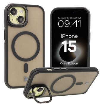 Etui z podstawką i pierścieniem magnetycznym Bizon Case Eclipse do iPhone 15, przydymione z czarną ramką