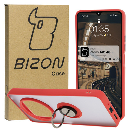 Etui z uchwytem na palec Bizon Case Hybrid Ring do Xiaomi Redmi 14C 4G / POCO C75, przydymione z czerwoną ramką