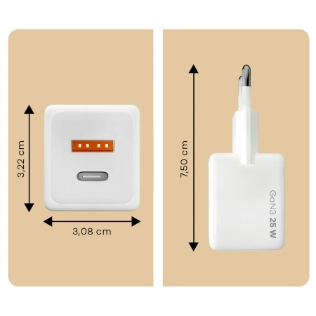 Ładowarka sieciowa Bizon Charger VT-25B, 25 W, USB-C PD, USB-A QC 4.0, GAN3, biała