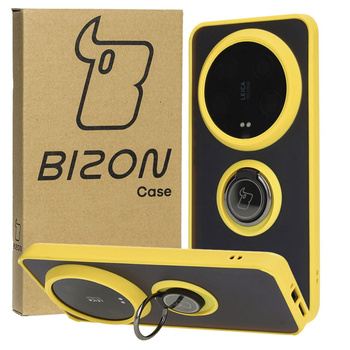 Etui z uchwytem na palec Bizon Case Hybrid Ring do Xiaomi 14 Ultra, przydymione z żółtą ramką