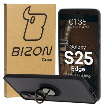 Etui z uchwytem na palec Bizon Case Hybrid Ring do Galaxy S25 Edge, przydymione z czarną ramką