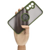 Etui z uchwytem na palec Bizon Case Hybrid Ring do Galaxy A34 5G, przydymione z zieloną ramką
