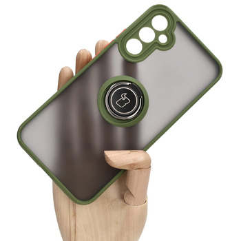 Etui z uchwytem na palec Bizon Case Hybrid Ring do Galaxy A34 5G, przydymione z zieloną ramką