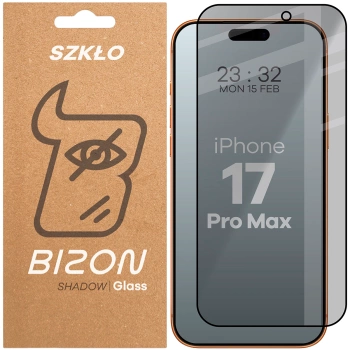 Prywatyzujące szkło hartowane Bizon Glass Edge Shadow do iPhone 17 Pro Max, przyciemniane z czarną ramką