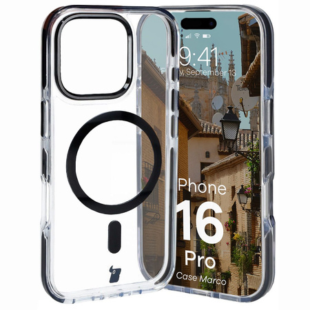 Etui z pierścieniem magnetycznym Bizon Case Marco do iPhone 16 Pro, przezroczyste z czarną ramką