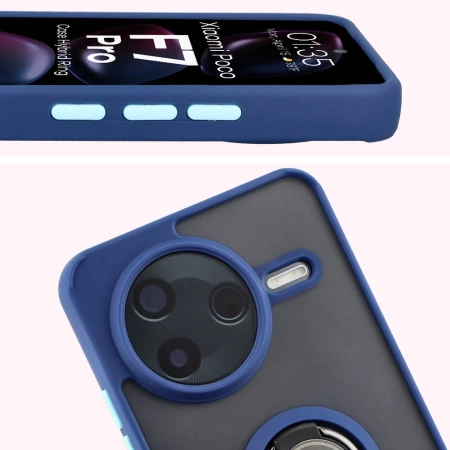 Etui z uchwytem na palec Bizon Case Hybrid Ring do Xiaomi POCO F7 Pro, przydymione z granatową ramką