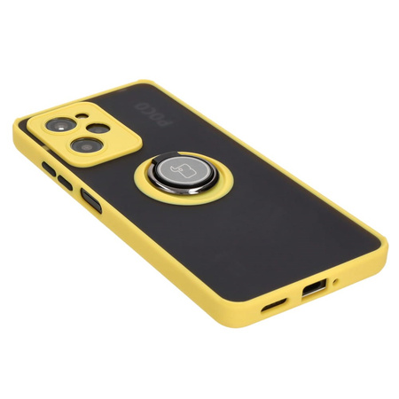 Etui z uchwytem na palec Bizon Case Hybrid Ring do Xiaomi Poco X5 Pro, przydymione z żółtą ramką
