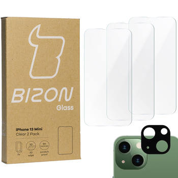 3x Szkło + szybka na aparat BIZON Clear 2 Pack do iPhone 13 Mini
