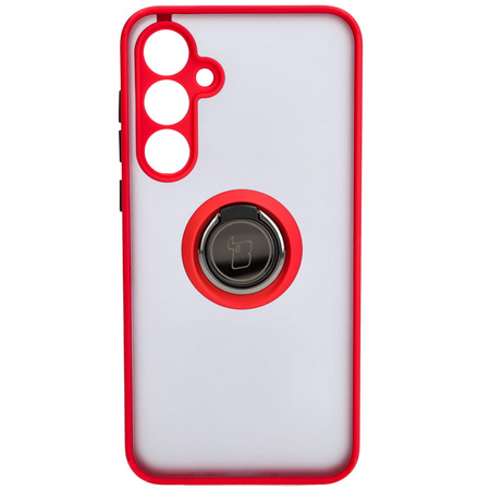 Etui z uchwytem na palec Bizon Case Hybrid Ring do Galaxy A35 5G, przydymione z czerwoną ramką