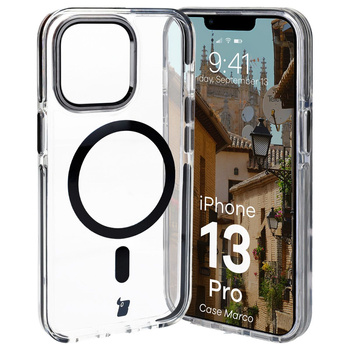 Etui z pierścieniem magnetycznym Bizon Case Marco do iPhone 13 Pro, przezroczyste z czarną ramką