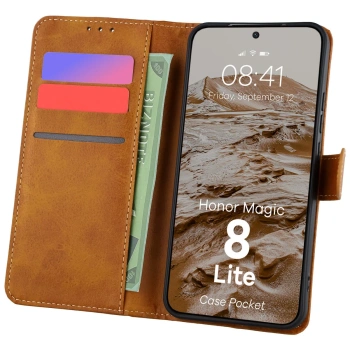 Etui z klapką Bizon Case Pocket do Honor Magic8 Lite, brązowe