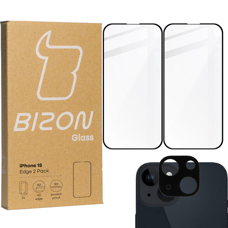 2x Szkło + szybka na aparat BIZON Edge 2 Pack do iPhone 15