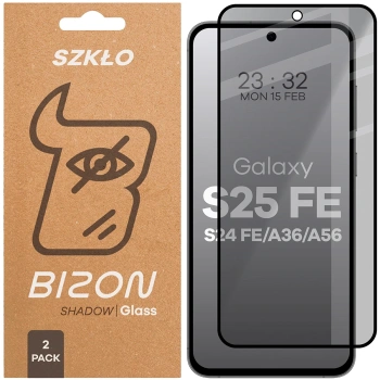 Prywatyzujące szkło hartowane Bizon Glass Edge Shadow Duo do Galaxy S25 FE / S24 FE / A36 5G / A56 5G, przyciemniane z czarną ramką, 2 sztuki
