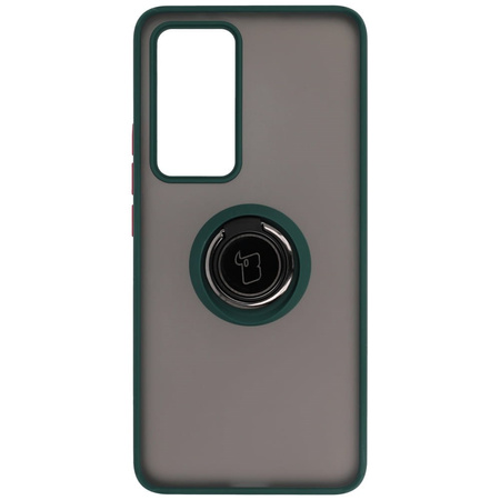 Etui z uchwytem na palec Bizon Case Hybrid Ring do Xiaomi 12T / 12T Pro, przydymione z ciemnozieloną ramką