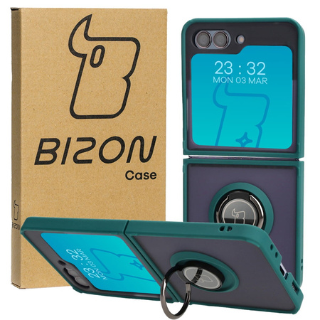 Etui z uchwytem na palec Bizon Case Hybrid Ring do Galaxy Z Flip5, przydymione z ciemnozieloną ramką