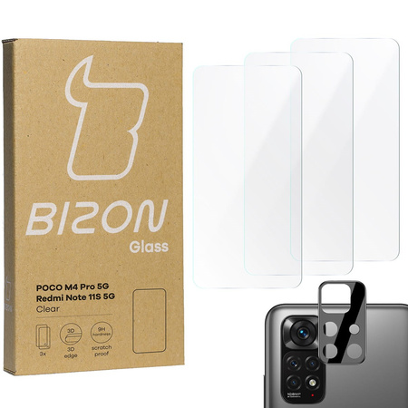 Szkło hartowane Bizon Glass Clear - 3 szt. + obiektyw, Poco M4 Pro 5G / Redmi Note 11S 5G