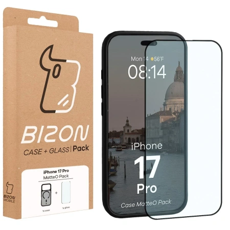 Etui z pierścieniem magnetycznym + szkło hartowane Bizon MatteO Pack do iPhone 17 Pro, przydymione-czarne