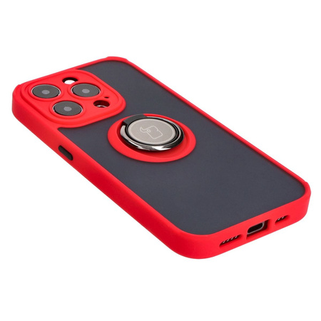 Etui z uchwytem na palec Bizon Case Hybrid Ring do iPhone 15 Pro, przydymione z czerwoną ramką