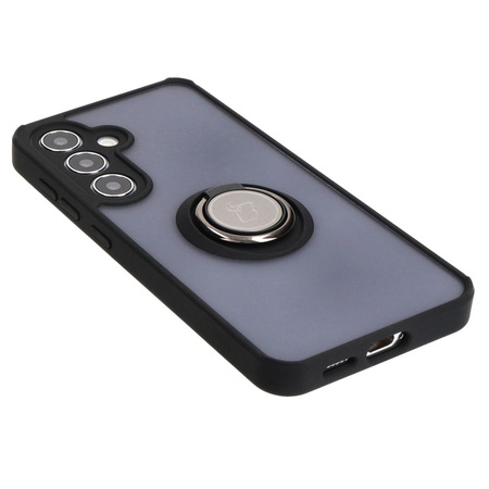 Etui z uchwytem na palec Bizon Case Hybrid Ring do Galaxy S25 / S24, przydymione z czarną ramką