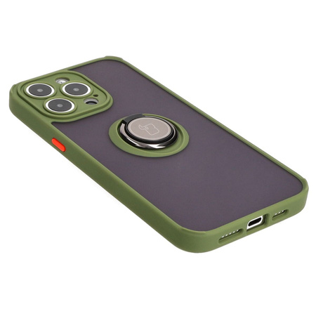 Etui z uchwytem na palec Bizon Case Hybrid Ring do iPhone 15 Pro Max, przydymione z zieloną ramką