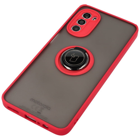 Etui z uchwytem na palec Bizon Case Hybrid Ring do Motorola Moto G52 / G82, przydymione z czerwoną ramką