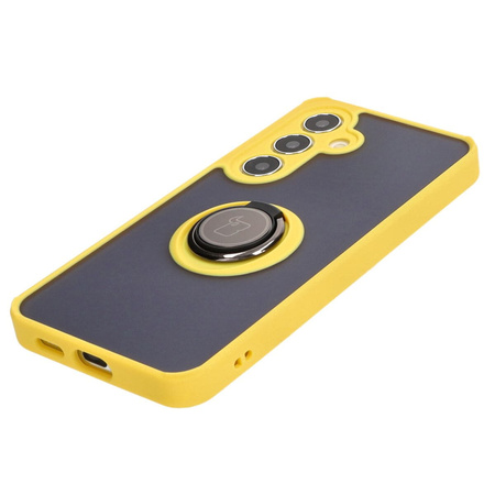 Etui z uchwytem na palec Bizon Case Hybrid Ring do Galaxy S25 / S24, przydymione z żółtą ramką