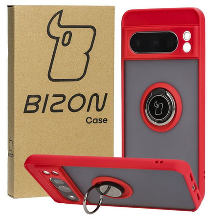 Etui z uchwytem na palec Bizon Case Hybrid Ring do Google Pixel 8 Pro, przydymione z czerwoną ramką