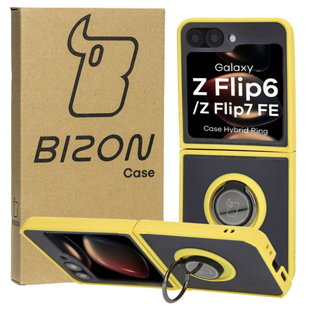 Etui z uchwytem na palec Bizon Case Hybrid Ring do Galaxy Z Flip7 FE / Z Flip6, przydymione z żółtą ramką