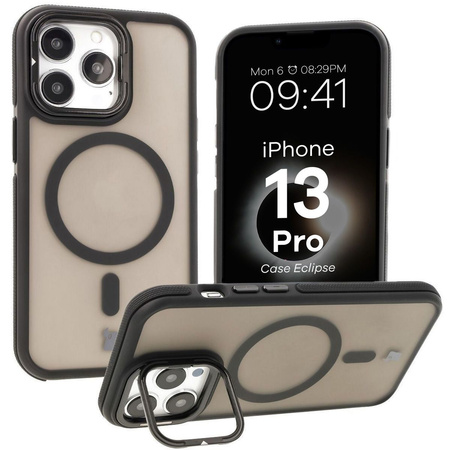Etui z podstawką i pierścieniem magnetycznym Bizon Case Eclipse do iPhone 13 Pro, przydymione z czarną ramką