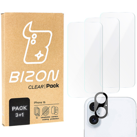 3x Szkło + szybka na aparat BIZON Clear 2 Pack do Apple iPhone 16